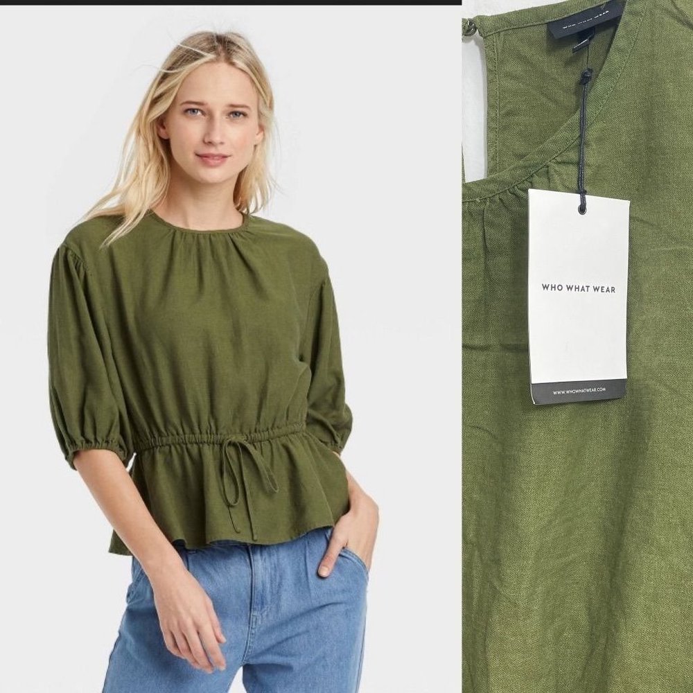Who What Wear Women's Top Small Linen Half Sleeve Peplum Tie Waist Shirt Green